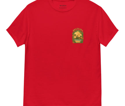 T-shirt rouge avec un motif inspiré du Brésil, représentant un coucher de soleil tropical entouré de palmiers. Le design met en valeur la nature luxuriante et la culture brésilienne, parfait pour exprimer un style vibrant et chaleureux.