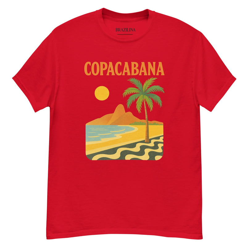 T-shirt rouge inspiré de l'ambiance exotique de Copacabana, au Brésil, avec un design tropical incluant un coucher de soleil, un palmier, une plage dorée, une mer scintillante et des motifs iconiques noirs et blancs rappelant le célèbre trottoir de Rio de Janeiro.