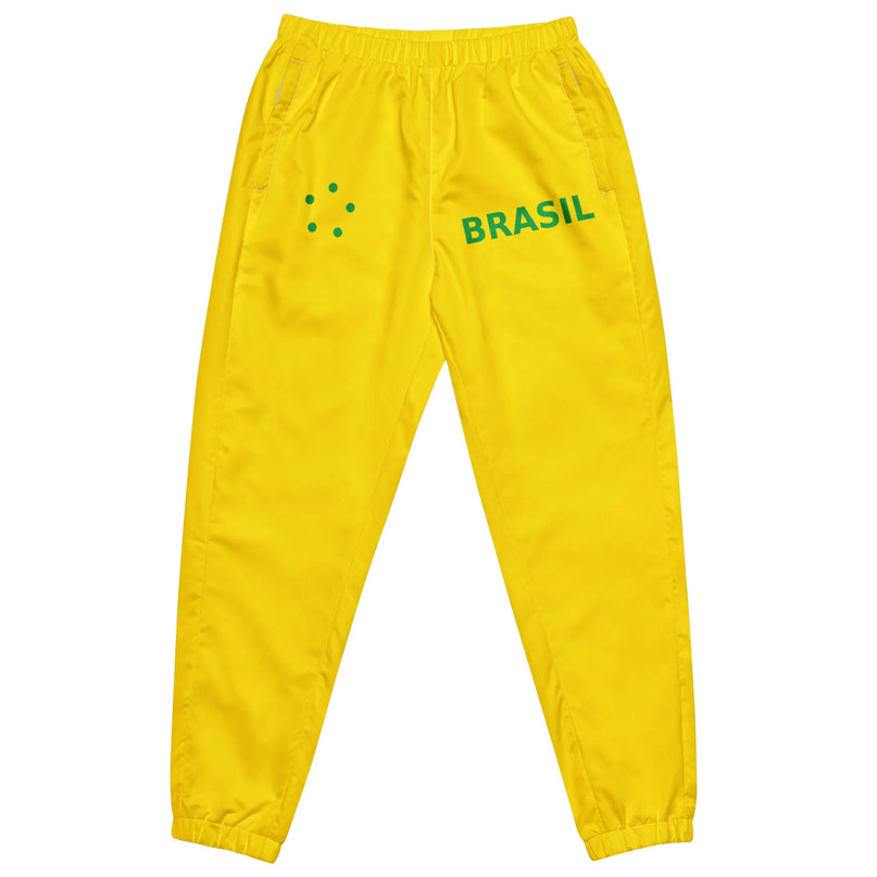 Pantalon jaune esprit brésilien avec détails verts, marqué 'BRASIL', inspiré par la culture et l'énergie festive du Brésil, idéal pour un look décontracté et stylé.