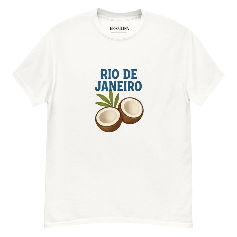 T-shirt blanc avec une illustration de noix de coco et du texte 'Rio de Janeiro' en bleu, évoquant les plages tropicales, la culture brésilienne et l'ambiance décontractée de Rio.