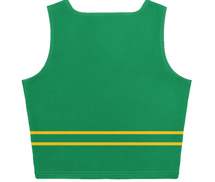 Débardeur vert aux couleurs du Brésil avec deux bandes jaunes horizontales au bas, symbolisant la culture, l'énergie et la joie brésiliennes. Design inspiré par l'esprit festif et l'amour du sport de ce pays.