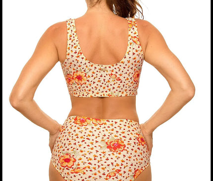Maillot de bain deux pièces au style sportif, motif floral coloré, dos du haut en forme de top élastique sans baleines et slip taille haute, en tissu italien Carvico Tessuti, parfait pour sublimer le bronzage.