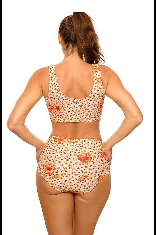 Maillot de bain deux pièces au style sportif, motif floral coloré, dos du haut en forme de top élastique sans baleines et slip taille haute, en tissu italien Carvico Tessuti, parfait pour sublimer le bronzage.