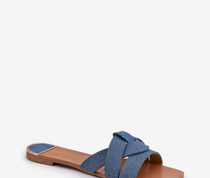 Sandales plates pour femmes en tissu textile bleu, avec des brides entrelacées à l'avant, semelle en cuir artificiel marron et talon bas de 1 cm, idéales pour un look élégant et confortable.