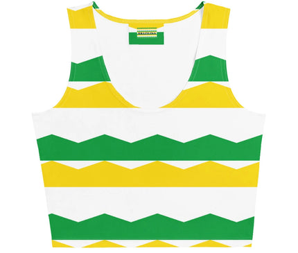Crop top inspiré de la culture brésilienne avec un motif coloré à rayures jaunes, vertes et blanches évoquant le carnaval et l'énergie festive du Brésil.