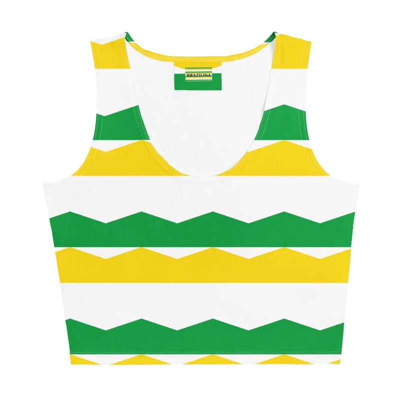 Crop top inspiré de la culture brésilienne avec un motif coloré à rayures jaunes, vertes et blanches évoquant le carnaval et l'énergie festive du Brésil.