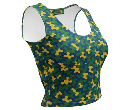 Débardeur aux motifs dynamiques et colorés inspirés de la culture brésilienne, avec des motifs géométriques en tons verts, jaunes et bleus, reflétant l'énergie festive des carnavals et la richesse de la nature tropicale. Un vêtement vibrant représentant joie de vivre et authenticité, parfait pour les amateurs de mode originale et culturelle.