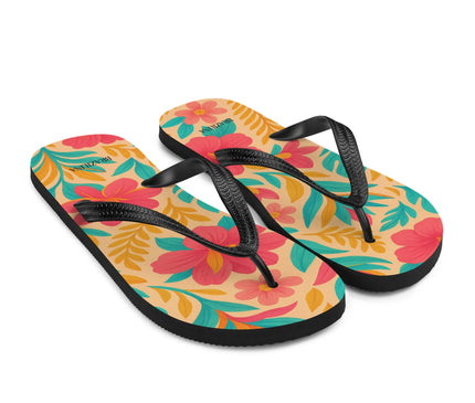 Tongs colorées avec un motif tropical inspiré des paysages brésiliens, représentant des fleurs exotiques et des feuilles luxuriantes, sur un fond aux tons chauds. Design évoquant l'ambiance estivale et festive du Brésil, idéal pour un style décontracté, parfait pour les plages comme Copacabana.