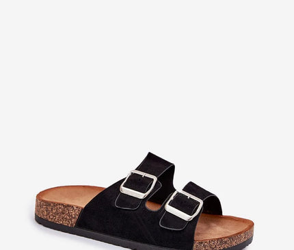 Sandales noires inspirées du mode de vie brésilien avec brides ajustables en métal, semelle en liège confortable et design minimaliste, évoquant les plages ensoleillées du Brésil. Idéal pour un style décontracté et élégant.