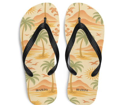 Tongs tropicales inspirées des paysages du Brésil, décorées de motifs représentant des palmiers, des couchers de soleil, des montagnes et des plages paradisiaques. Design évoquant l'ambiance décontractée et chaleureuse de lieux emblématiques comme Copacabana et Ipanema. Idéal pour une escapade estivale ou des moments de détente.