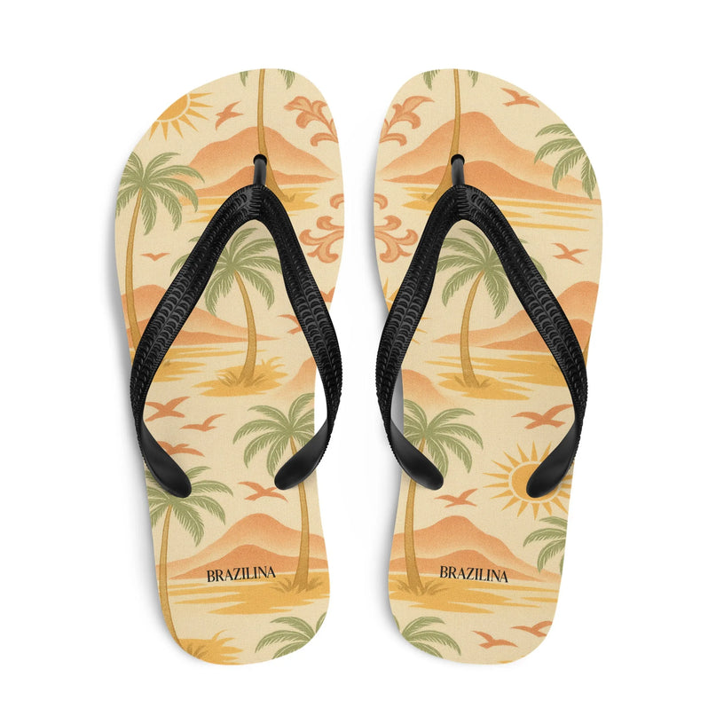Tongs tropicales inspirées des paysages du Brésil, décorées de motifs représentant des palmiers, des couchers de soleil, des montagnes et des plages paradisiaques. Design évoquant l'ambiance décontractée et chaleureuse de lieux emblématiques comme Copacabana et Ipanema. Idéal pour une escapade estivale ou des moments de détente.