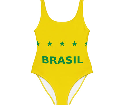 Maillot de bain une pièce jaune avec l'inscription verte 'BRASIL' et cinq étoiles, inspiré par l'esprit festif et ensoleillé du Brésil, idéal pour évoquer l'énergie et la joie des plages brésiliennes.