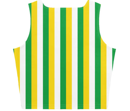 Top sans manches à rayures verticales vert, jaune et blanc inspiré de la culture brésilienne, évoquant la joie de vivre et l'énergie des carnavals locaux. Design moderne et festif qui célèbre les traditions et les paysages vibrants du Brésil.