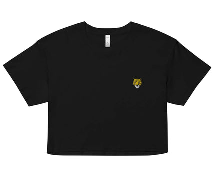 Haut noir à manches courtes pour femmes avec un design minimaliste, arbore un motif de tête de jaguar jaune et noir, symbole de la forêt amazonienne. Inspiration urbaine des grandes villes brésiliennes comme São Paulo et Rio de Janeiro. Style décontracté et sophistiqué, mettant en valeur la culture et la richesse naturelle du Brésil.