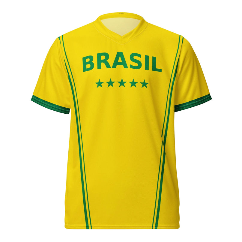 Maillot de football brésilien jaune et vert avec inscription 'BRASIL' et cinq étoiles. Design inspiré par la culture sportive et l'énergie festive du Brésil, représentant l'unité et l'enthousiasme du football dans ce pays emblématique.