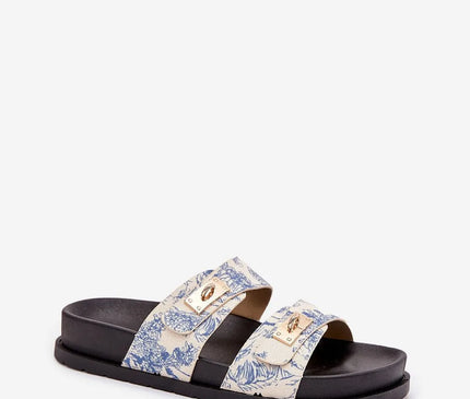 Sandales inspirées du mode de vie brésilien, avec brides imprimées aux motifs tropicaux bleu et blanc, boucle dorée élégante, semelle noire confortable, parfaites pour un style décontracté et chic en été.