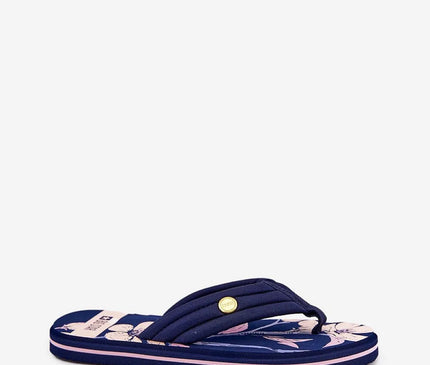 Sandales style brésilien bleu marine avec motifs floraux inspirés de la biodiversité locale, confortables et légères, parfaites pour le quotidien ou la plage, taille disponible de 36 à 41 avec une longueur de semelle adaptée.