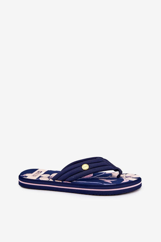 Sandales style brésilien bleu marine avec motifs floraux inspirés de la biodiversité locale, confortables et légères, parfaites pour le quotidien ou la plage, taille disponible de 36 à 41 avec une longueur de semelle adaptée.