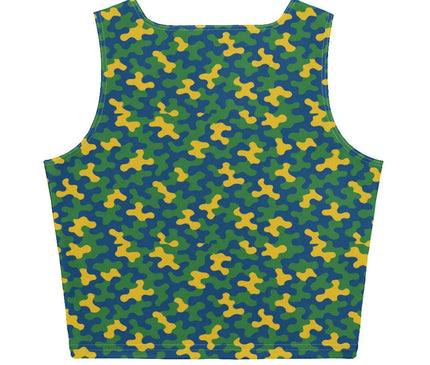 Débardeur au design inspiré de la culture brésilienne, avec des motifs dynamiques en vert, jaune et bleu rappelant les couleurs du Brésil et l'énergie festive de ses carnavals, parfait pour un style unique et expressif.