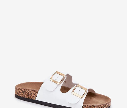 Sandales pour femmes blanches avec boucles dorées, fabriquées en cuir artificiel, semelle intérieure en cuir suédé naturel, semelle profilée de 2,5 cm, adaptées pour le confort et le soutien du pied, avec sangles réglables pour un ajustement personnalisé.