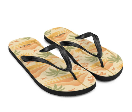 Tongs au design tropical inspiré des paysages brésiliens, avec des motifs de palmiers et de couchers de soleil dans des tons chaleureux, symbolisant l'ambiance décontractée de Copacabana et Ipanema. Sandales estivales confortables parfaites pour la plage ou les moments de détente.