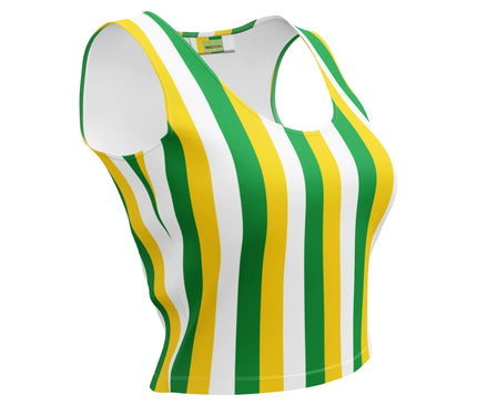 Débardeur moderne aux couleurs du Brésil avec des rayures verticales vertes, jaunes et blanches, inspiré des festivités et de la culture brésilienne, idéal pour un style vibrant et festif.