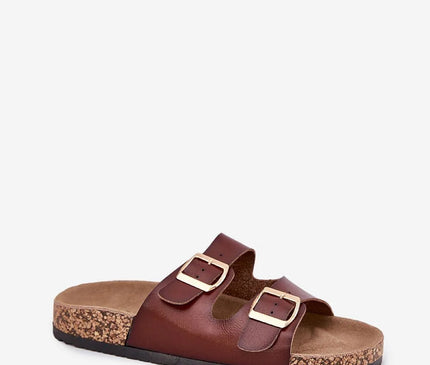 Sandales pour femmes en cuir artificiel marron avec boucles dorées réglables, semelle en liège et intérieure en cuir suédé naturel, style élégant et confortable avec semelle de 2.5 cm de hauteur, adaptées pour différentes tailles (36 à 42).
