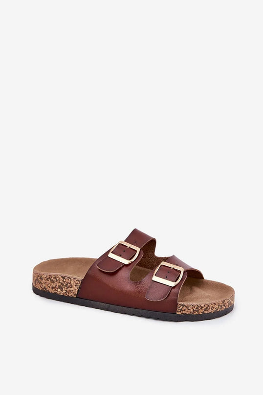 Sandales pour femmes en cuir artificiel marron avec boucles dorées réglables, semelle en liège et intérieure en cuir suédé naturel, style élégant et confortable avec semelle de 2.5 cm de hauteur, adaptées pour différentes tailles (36 à 42).
