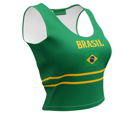 Débardeur vert inspiré du Brésil avec l'inscription 'Brasil', le drapeau brésilien et des motifs jaunes symbolisant l'énergie et l'unité de la culture brésilienne, idéal pour les amateurs de mode sportive et festive.