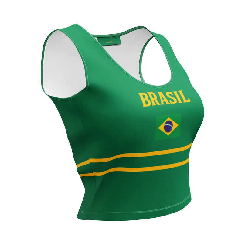 Débardeur vert inspiré du Brésil avec l'inscription 'Brasil', le drapeau brésilien et des motifs jaunes symbolisant l'énergie et l'unité de la culture brésilienne, idéal pour les amateurs de mode sportive et festive.