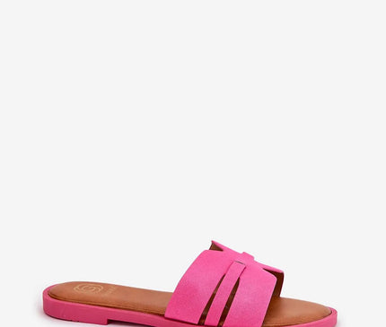 Claquettes classiques pour femmes en suédine, de couleur rose, avec un talon plat de 1 cm. Dotées de découpes modernes et d'une petite bride élégante, elles offrent confort et légèreté. Idéales pour les journées chaudes et adaptées à des tenues comme robes, jupes ou pantalons.