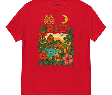 T-shirt rouge vibrant inspiré des paysages emblématiques de Rio de Janeiro au Brésil, avec des illustrations colorées des montagnes du Pain de Sucre, des plages, des maisons colorées, des fleurs exotiques et un soleil tropical, évoquant l'énergie, la culture et la beauté naturelle brésilienne.