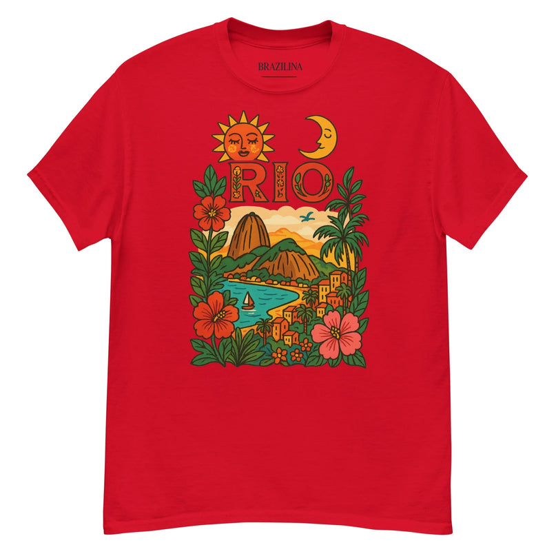 T-shirt rouge vibrant inspiré des paysages emblématiques de Rio de Janeiro au Brésil, avec des illustrations colorées des montagnes du Pain de Sucre, des plages, des maisons colorées, des fleurs exotiques et un soleil tropical, évoquant l'énergie, la culture et la beauté naturelle brésilienne.