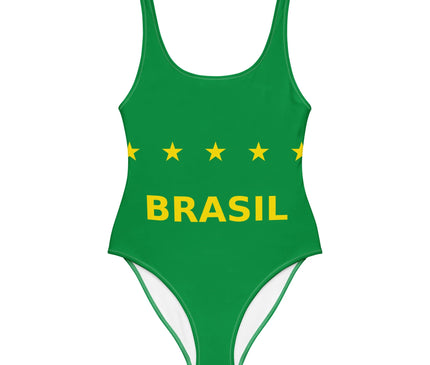 Maillot de bain une pièce vert aux couleurs du Brésil, avec une inscription 'BRASIL' en jaune et cinq étoiles jaunes. Inspiré par la culture vibrante et l'énergie festive brésilienne, parfait pour refléter l'esprit dynamique des plages tropicales.