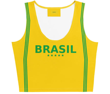 Haut jaune sportif inspiré du Brésil avec le mot 'BRASIL' en vert au centre, cinq étoiles symbolisant l'excellence, et des lignes vertes épurées sur les côtés. Design reflétant l'énergie, la passion sportive et la culture vibrante brésilienne.