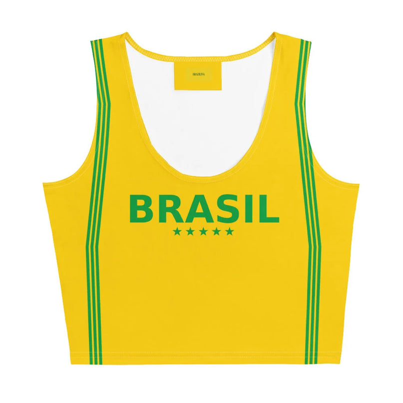 Haut jaune sportif inspiré du Brésil avec le mot 'BRASIL' en vert au centre, cinq étoiles symbolisant l'excellence, et des lignes vertes épurées sur les côtés. Design reflétant l'énergie, la passion sportive et la culture vibrante brésilienne.