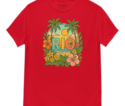 T-shirt rouge avec un design inspiré du Brésil comportant des palmiers, des fleurs exotiques et un coucher de soleil vibrant. Au centre, le mot 'RIO' met en avant l'esprit tropical et la culture chaleureuse de Rio de Janeiro, entouré de motifs floraux colorés évoquant les paysages tropicaux et l'ambiance festive brésilienne.