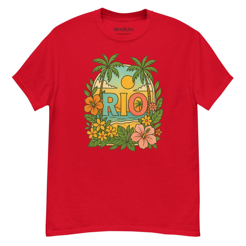T-shirt rouge avec un design inspiré du Brésil comportant des palmiers, des fleurs exotiques et un coucher de soleil vibrant. Au centre, le mot 'RIO' met en avant l'esprit tropical et la culture chaleureuse de Rio de Janeiro, entouré de motifs floraux colorés évoquant les paysages tropicaux et l'ambiance festive brésilienne.