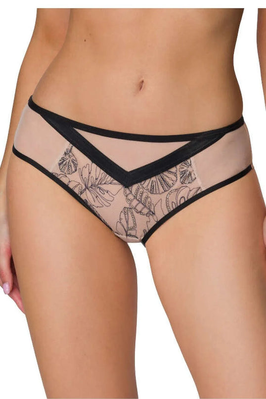 Bas de bikini Xanthe beige et noir avec tissu semi-transparent, broderies délicates et motif géométrique noir, soulignant la silhouette féminine avec élégance et modernité.
