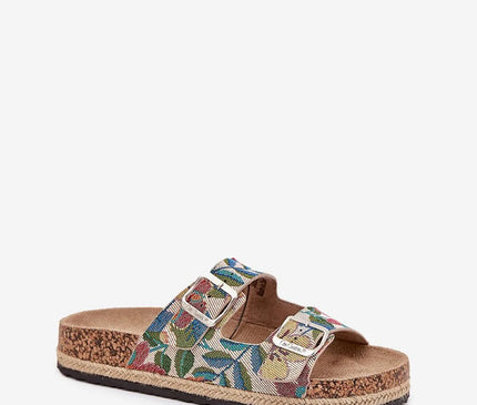 Sandales pour femmes Lee Cooper avec plateforme en liège tressé, deux brides réglables à motifs floraux colorés avec boucles, semelle profilée en cuir suédé écologique pour un confort optimal, parfaites pour l'été.
