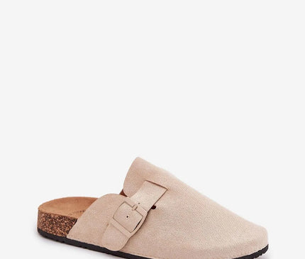 Claquettes pour femmes en cuir suédé écologique beige avec semelle en liège, bouts fermés pour protection, boucle ajustable, semelle profilée de 2,5 cm pour un confort optimal et design à la mode.