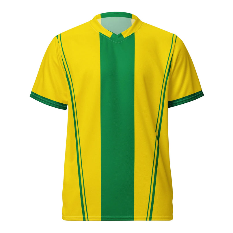 Maillot de sport inspiré du Brésil, design jaune et vert avec des rayures verticales vertes, évoquant l'énergie vibrante et l'esprit festif du pays, idéal pour le football ou les célébrations brésiliennes comme le Carnaval.