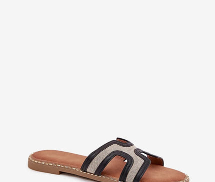 Mules femme en cuir écologique et textile avec décoration dorée sur la semelle, talon plat de 1,5 cm, confortables et idéales pour des tenues décontractées et estivales, vue de profil.