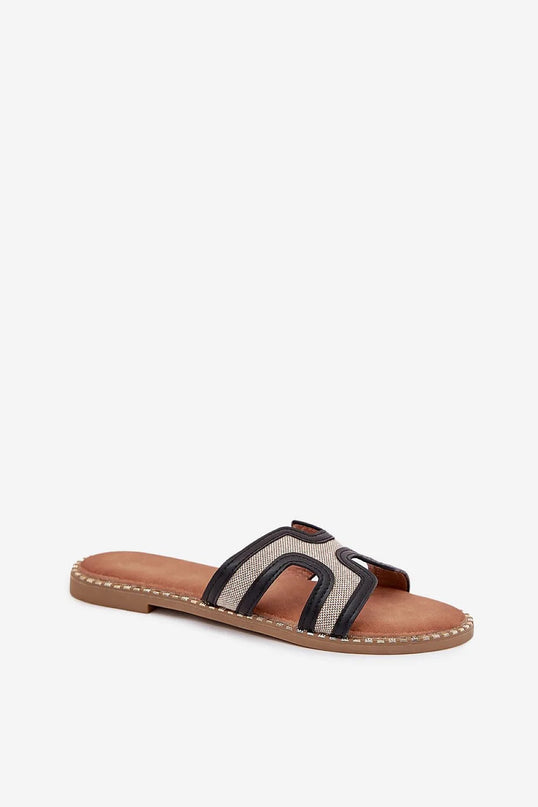 Mules femme en cuir écologique et textile avec décoration dorée sur la semelle, talon plat de 1,5 cm, confortables et idéales pour des tenues décontractées et estivales, vue de profil.