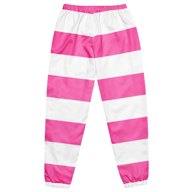 Pantalon décontracté à rayures horizontales roses et blanches, inspiré de la mode urbaine brésilienne. Design vibrant rappelant l'esprit festif et dynamique des grandes villes comme Rio de Janeiro, parfait pour un style unique et affirmé.