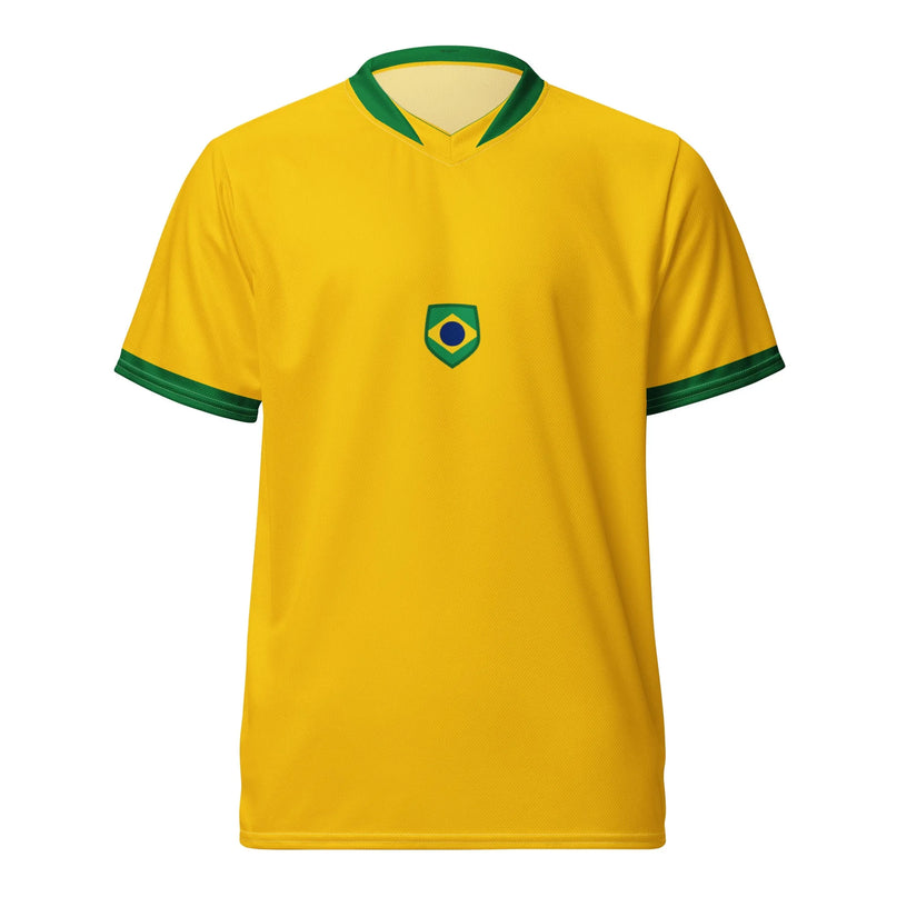 Maillot de football jaune et vert inspiré par l'énergie et le patrimoine sportif du Brésil, avec un design épuré représentant la passion et l'identité nationale brésilienne.