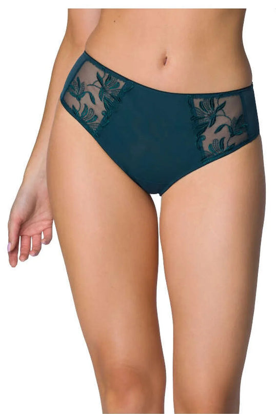 Bas de bikini Zephyr en maille délicate vert foncé, avec broderies florales élégantes, légèrement transparent à l'arrière, coupe confortable et adaptée aux courbes féminines.