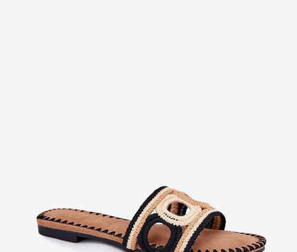 Sandales crochetées pour femmes en tissu avec un motif unique beige et noir, talon plat de 1 cm, semelle intérieure en cuir artificiel, design ouvert et léger, idéal pour l'été et parfait avec des robes, shorts, et jupes décontractés.