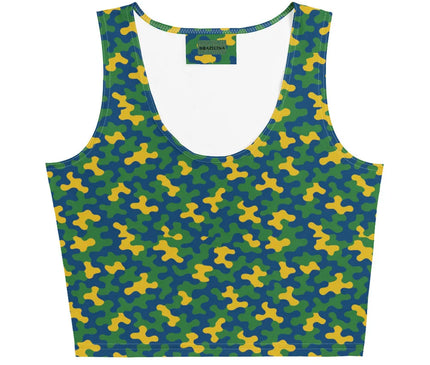 Haut style brésilien vibrant avec motifs colorés en vert, jaune et bleu rappelant l'énergie festive des carnavals et la richesse de la nature du Brésil. Crop top moderne et original, inspiré des traditions et de la joie de vivre brésiliennes.