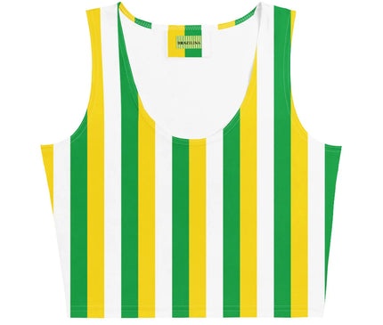 Débardeur aux couleurs brésiliennes avec des rayures verticales vertes, jaunes et blanches, inspiré par l'énergie festive du Brésil, évoquant les carnavals et traditions culturelles locales.